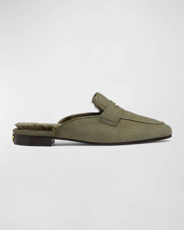 Suede Shearling Penny Loafer Mules
